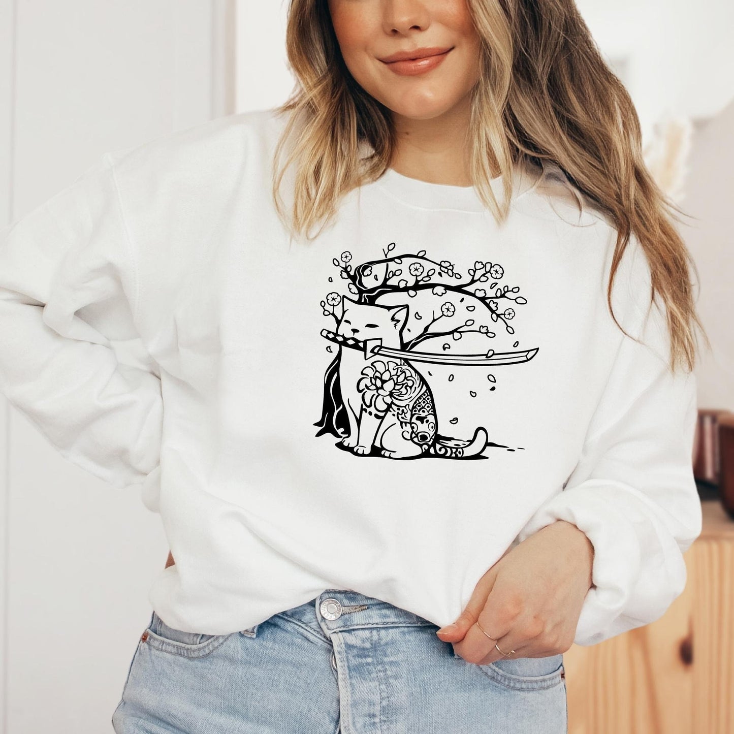 Samurai Cat and Cherry Blossom Sweatshirt, Cute Sweatshirt in White