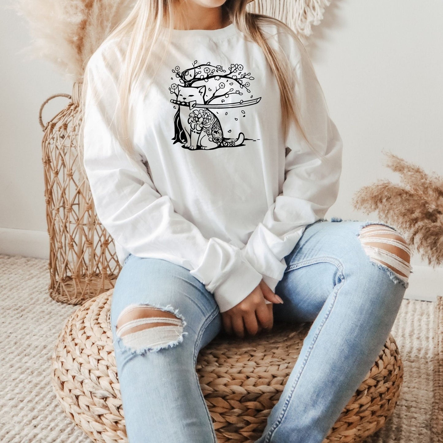 Samurai Cat and Cherry Blossom Crewneck in White