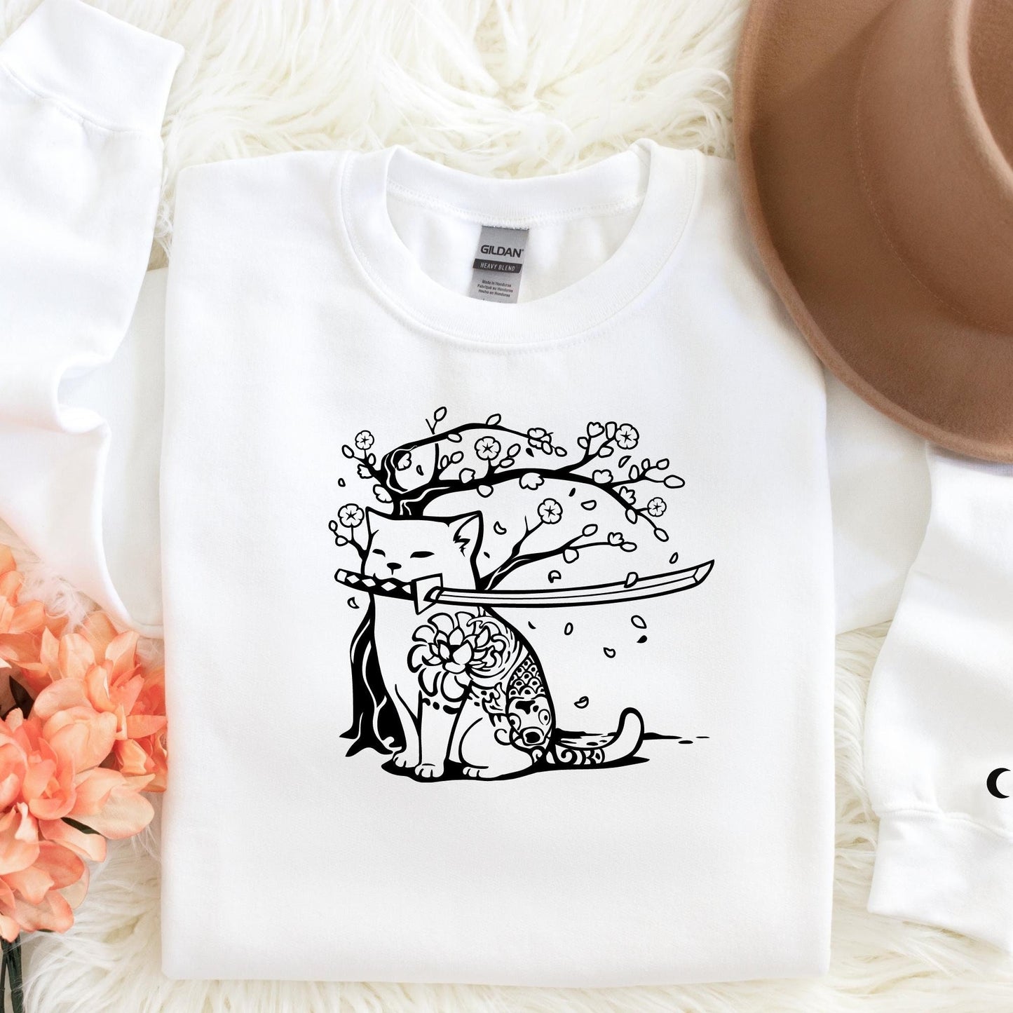 Samurai Cat and Cherry Blossom Sweatshirt, Cute Sweatshirt in White