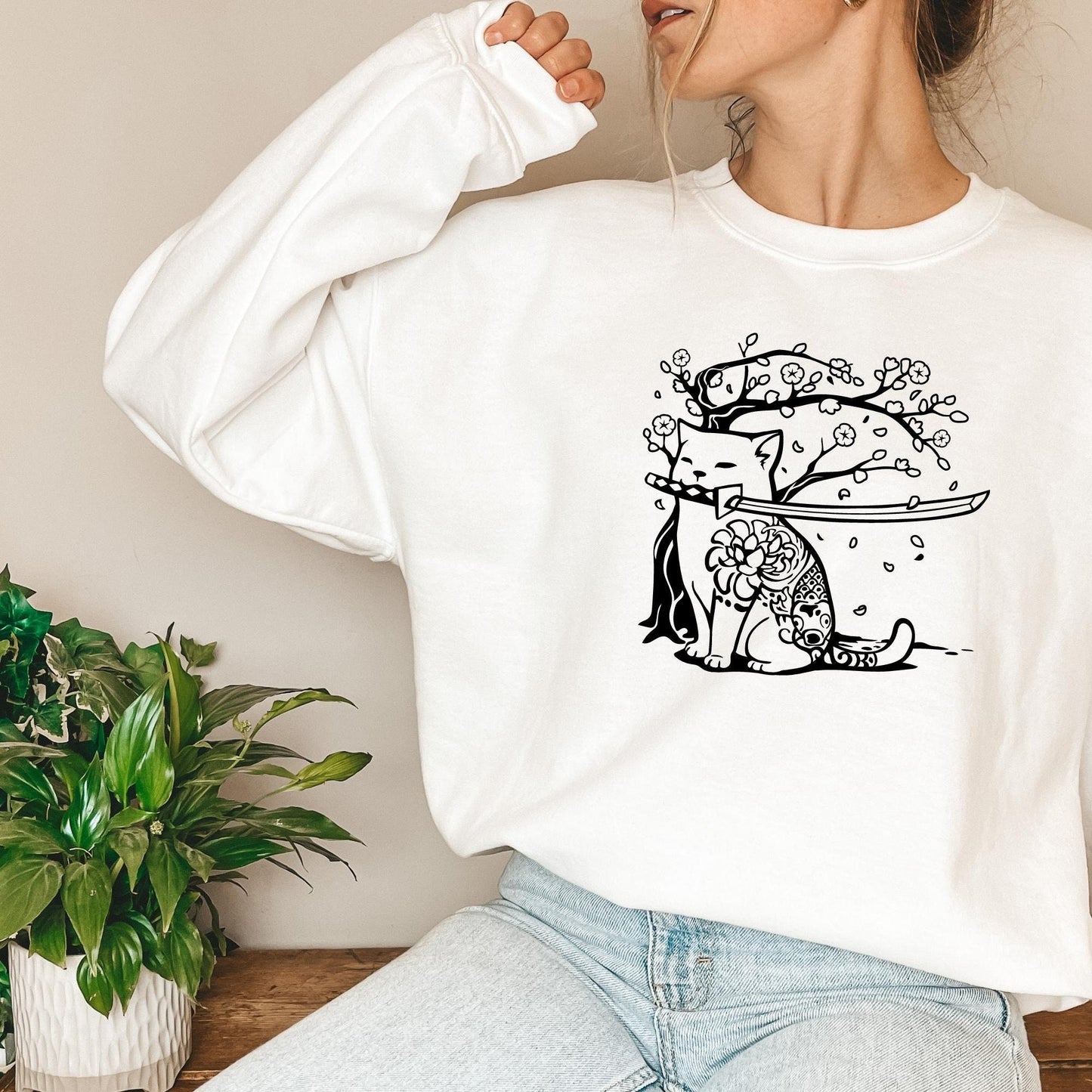 Samurai Cat and Cherry Blossom Sweatshirt, Cute Sweatshirt in White