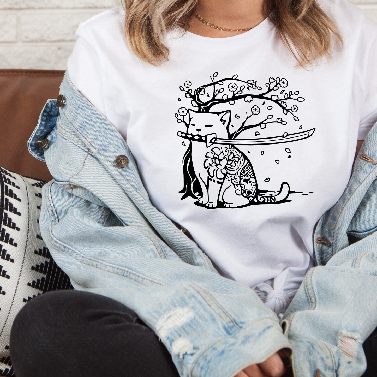 Samurai Cat and Cherry Blossom T-Shirt in White