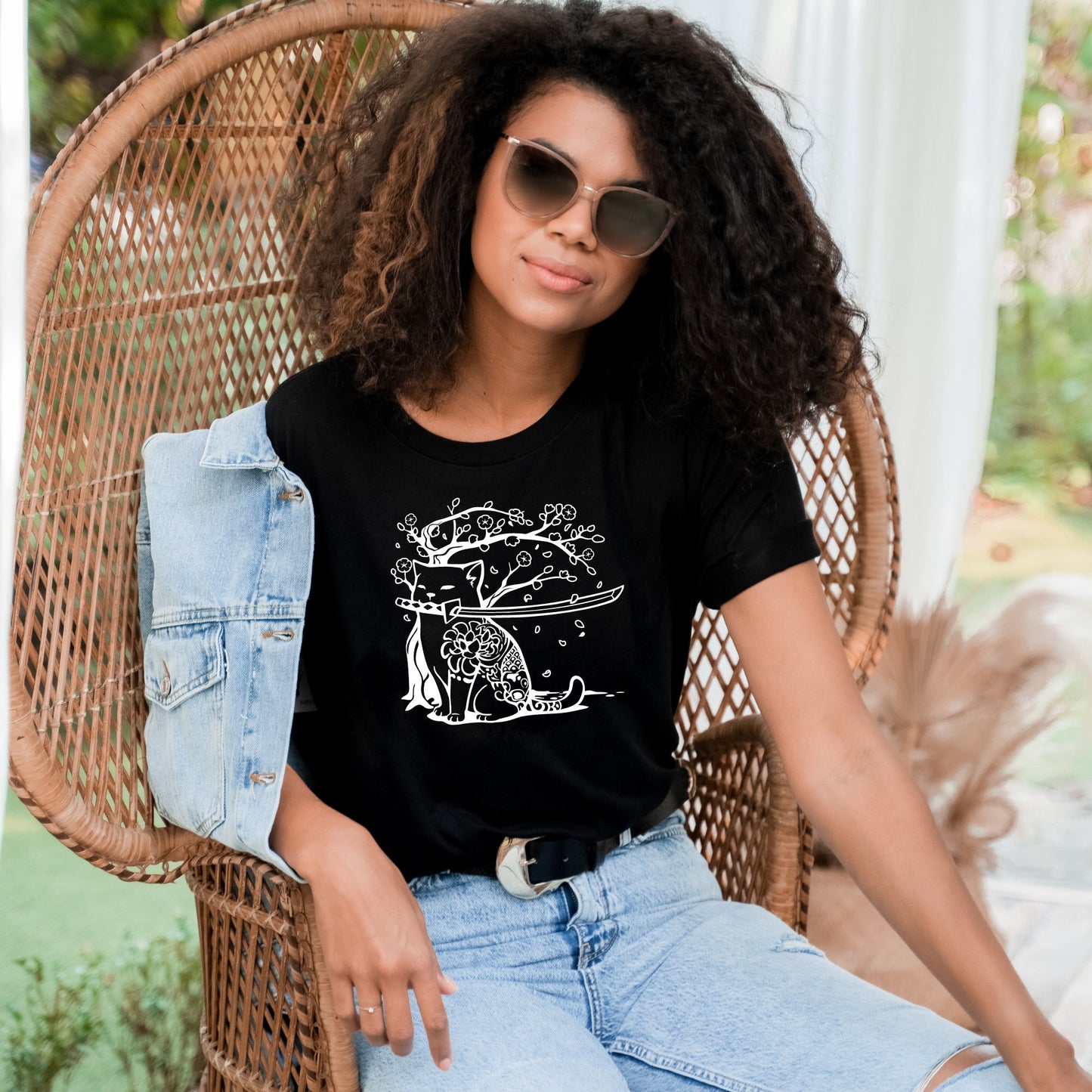 Samurai Cat and Cherry Blossom T-Shirt in Black