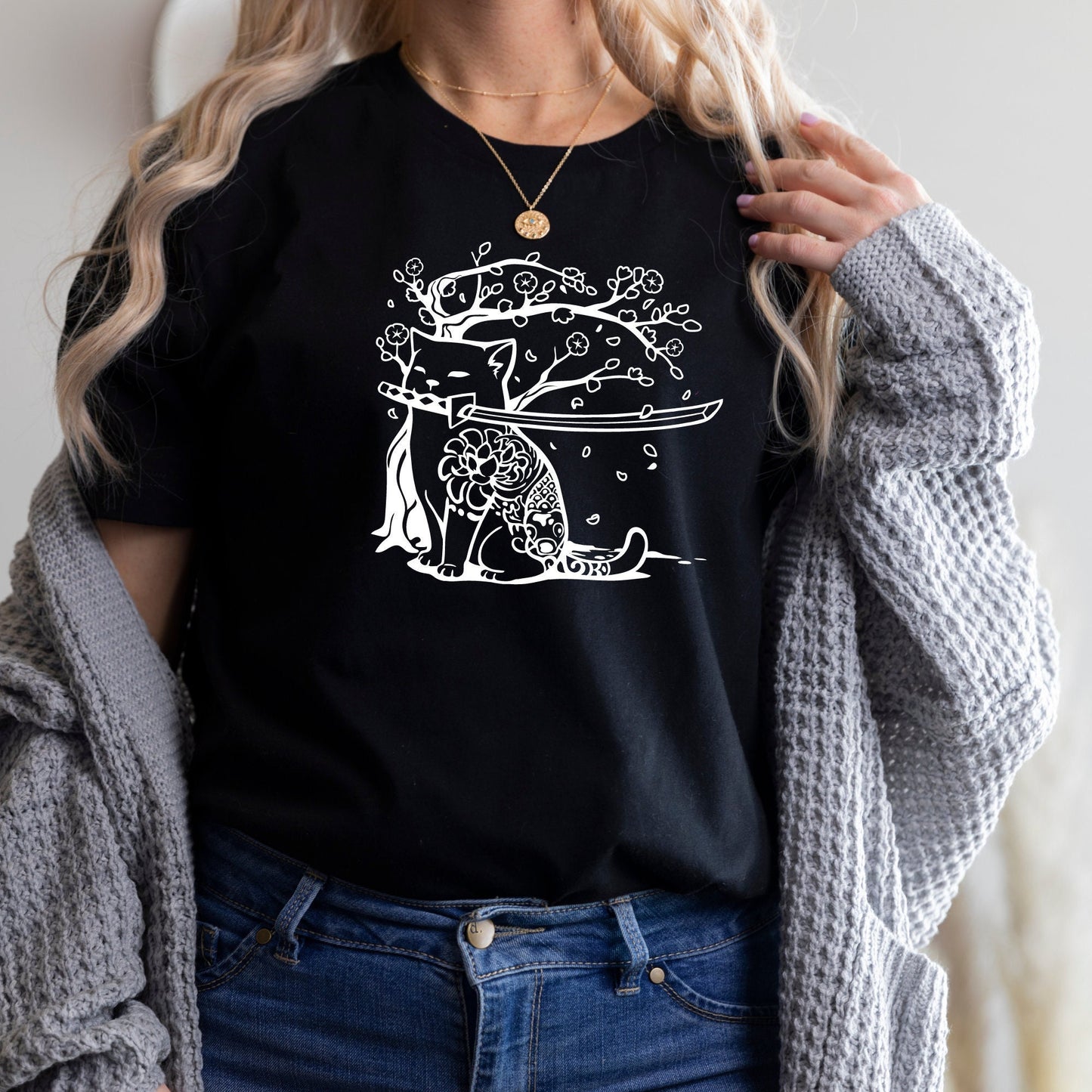 Samurai Cat and Cherry Blossom T-Shirt in Black