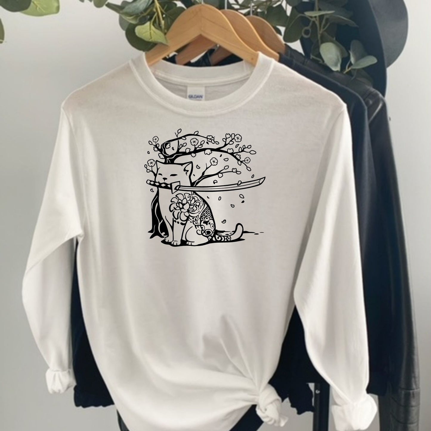 Samurai Cat and Cherry Blossom Crewneck in White