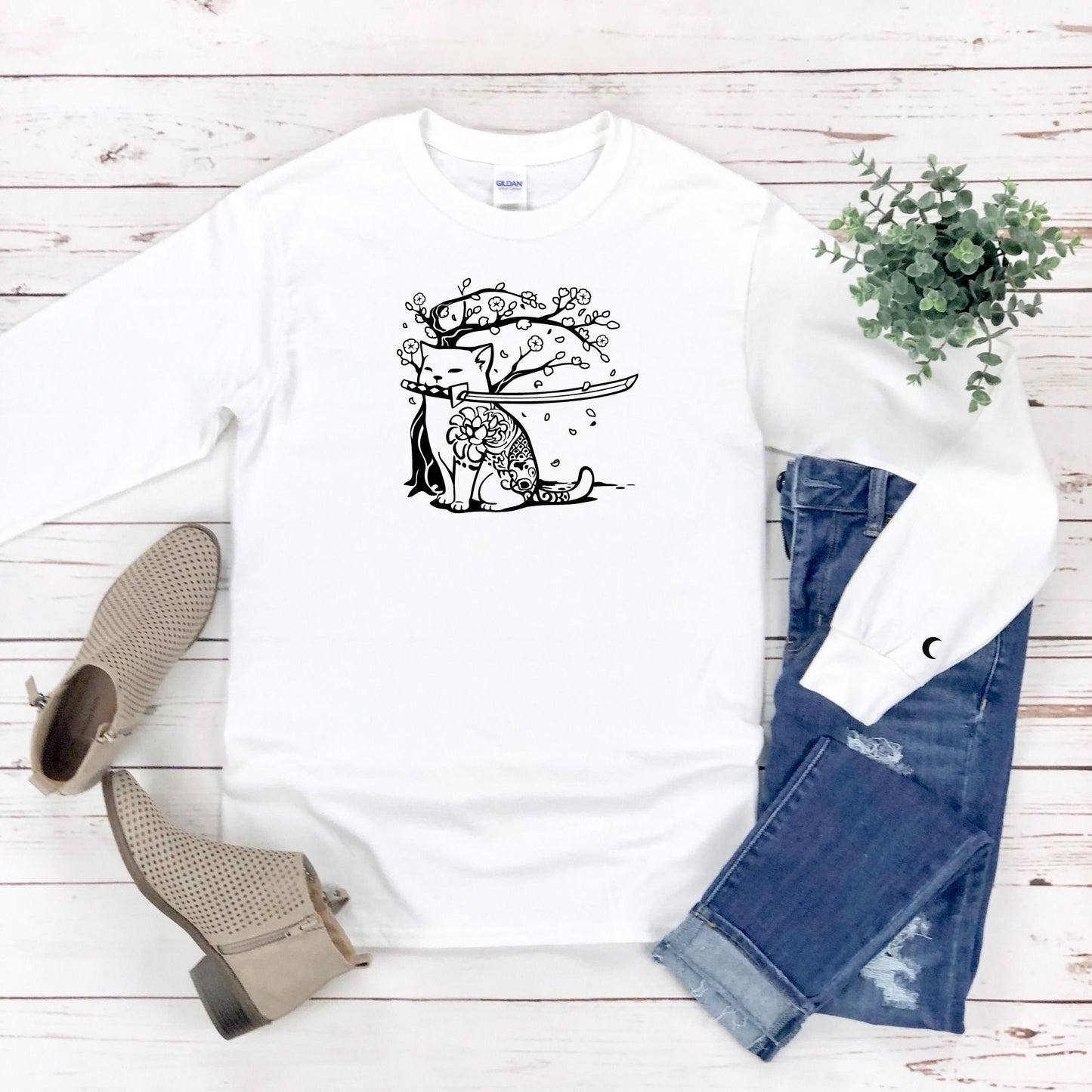 Samurai Cat and Cherry Blossom Crewneck in White