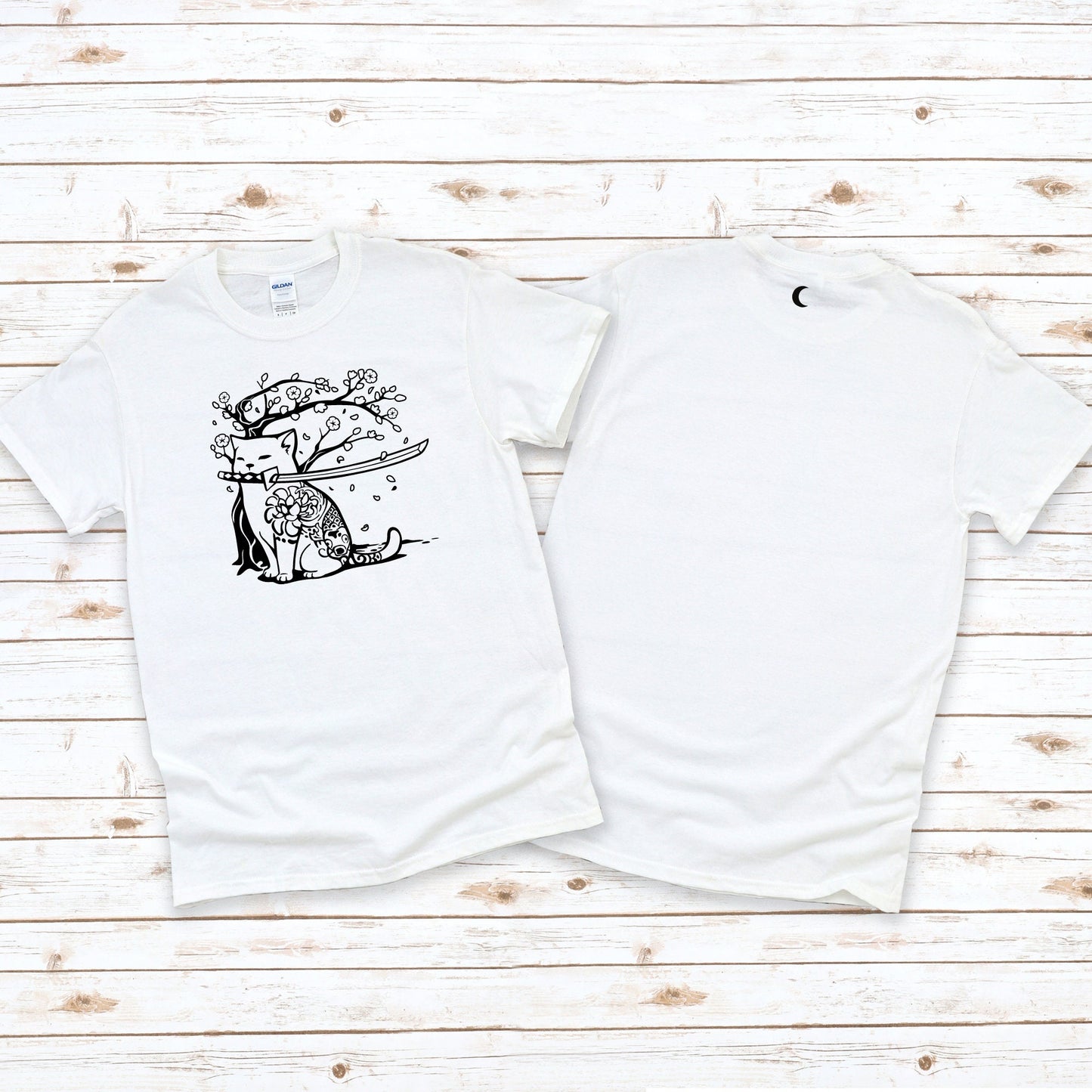 Samurai Cat and Cherry Blossom T-Shirt in White