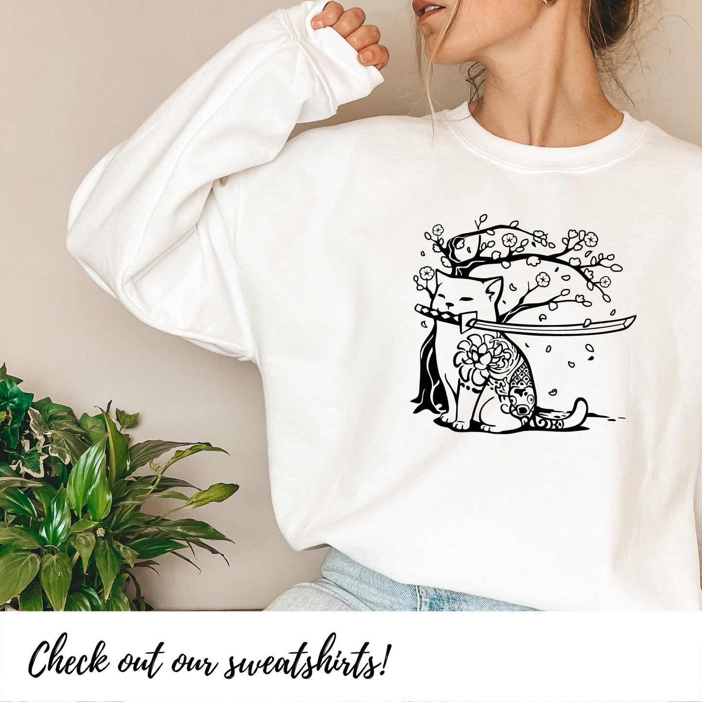 Samurai Cat and Cherry Blossom T-Shirt in White