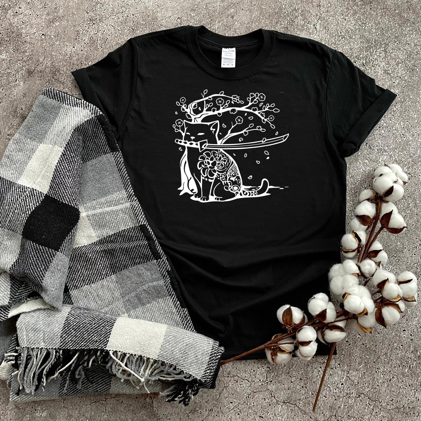 Samurai Cat and Cherry Blossom T-Shirt in Black