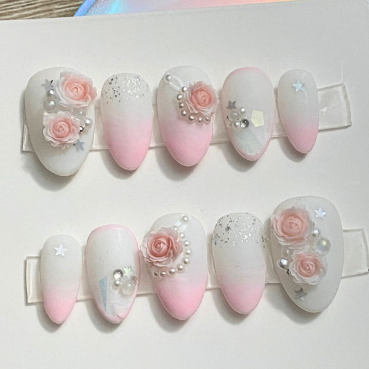 Pink and White Ombre Rose Luxury Press On Nails ✧