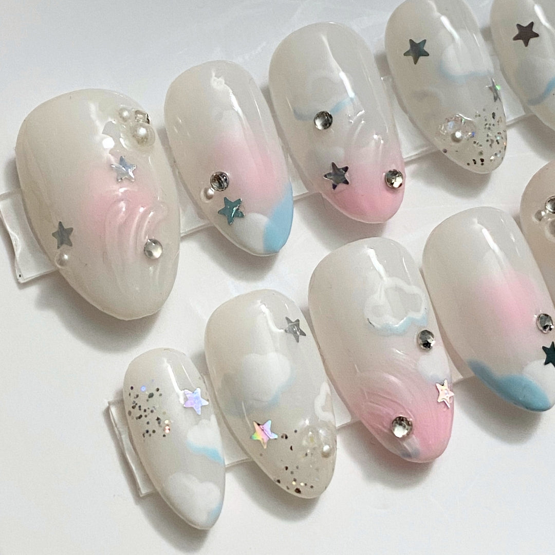 Magical Star and Clouds Aura Luxury Press On Nails ✧･ﾟ: *