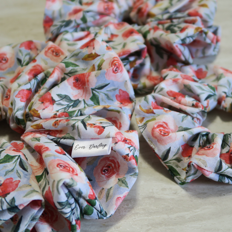 Floral scrunchies in three sizes, XL, Large and Classic.