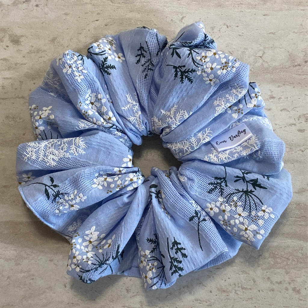 Blue and White Floral Scrunchie