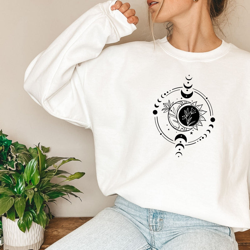 Celestial Sunflower and Moon Sweatshirt in White