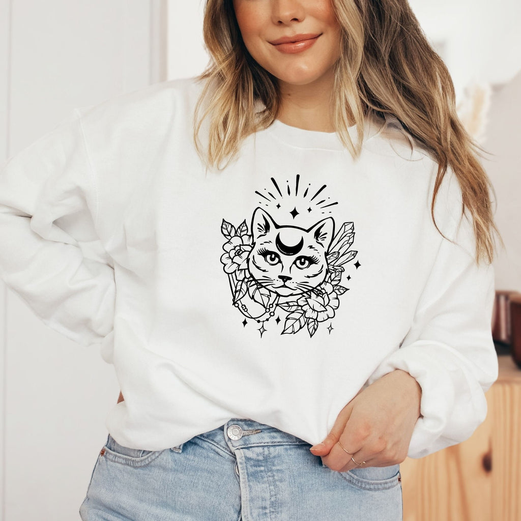 Celestial Cat and Moon Sweatshirt in White