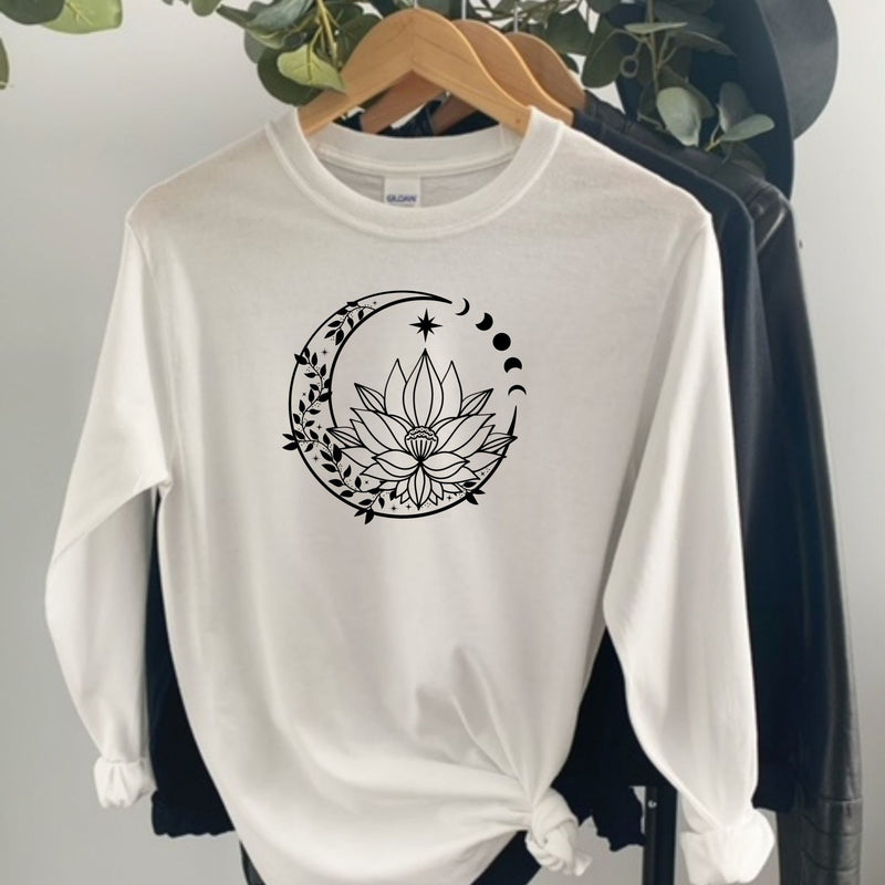 Moon and Lotus Flower Crewneck in White