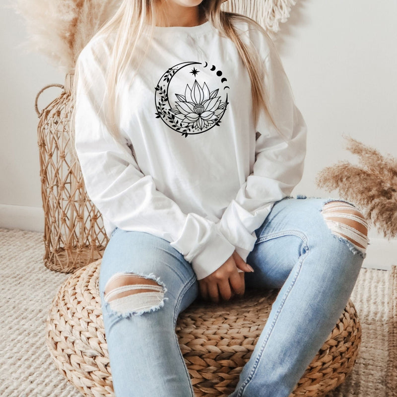 Moon and Lotus Flower Crewneck in White