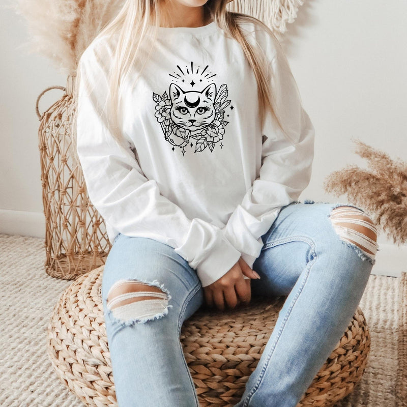 Celestial Cat and Moon Crewneck in White