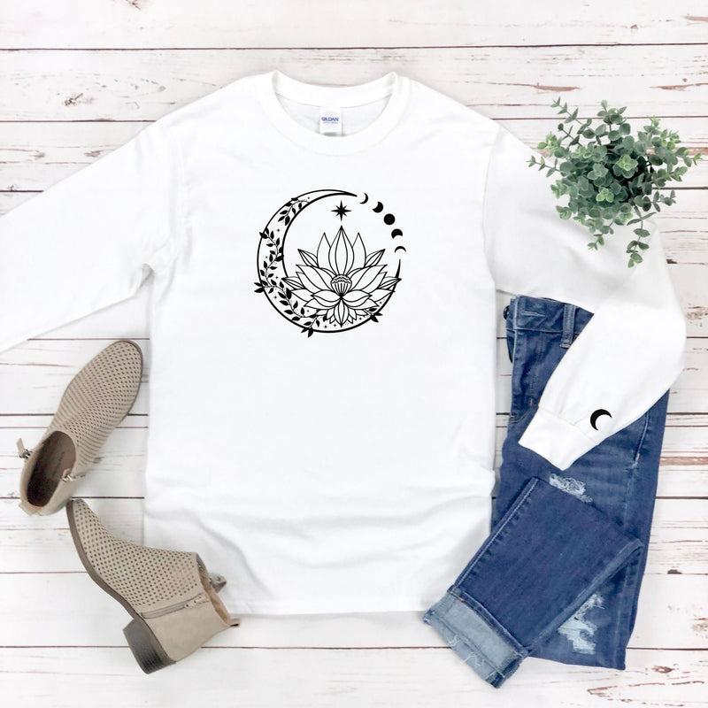 Moon and Lotus Flower Crewneck in White