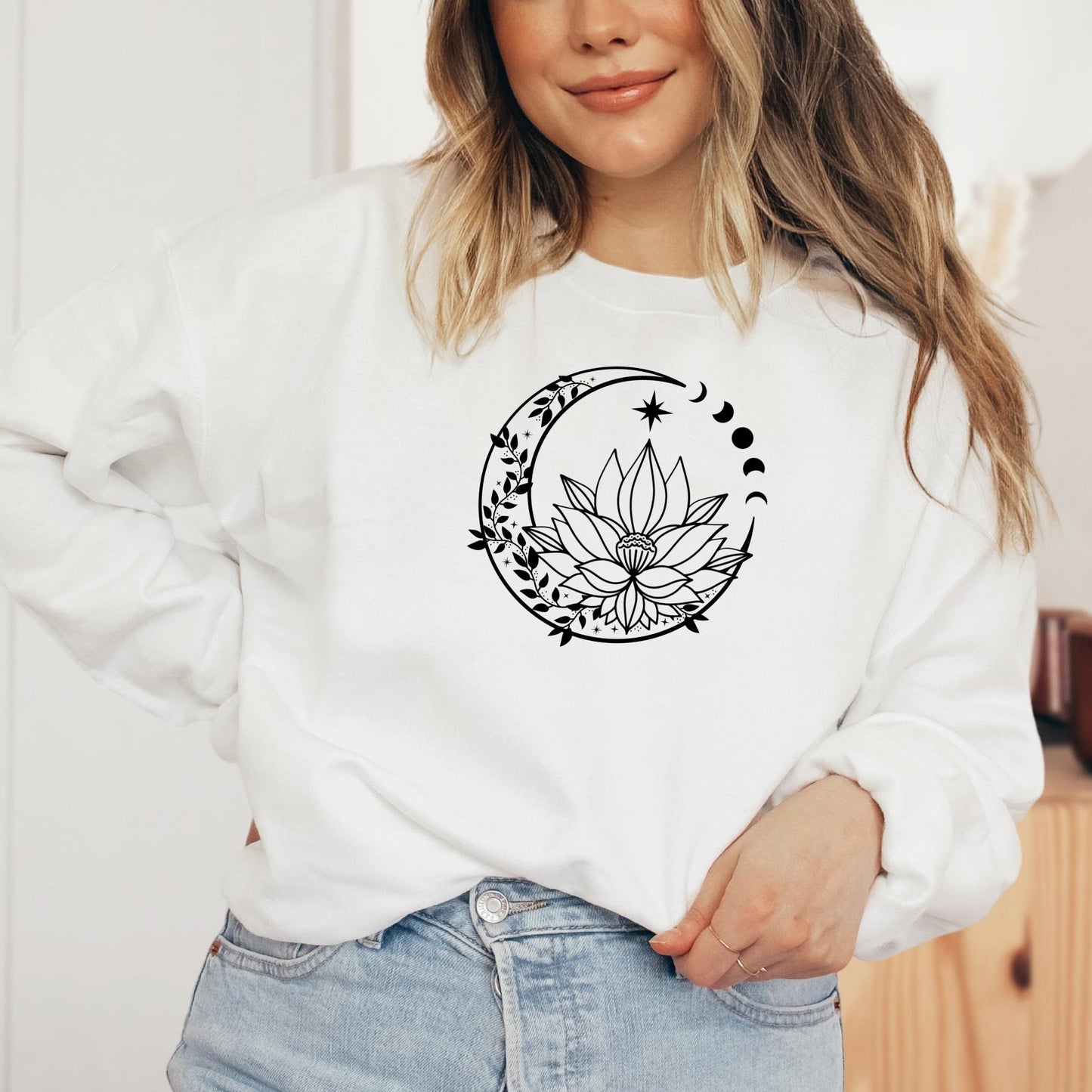Moon and Lotus Flower Sweatshirt in White