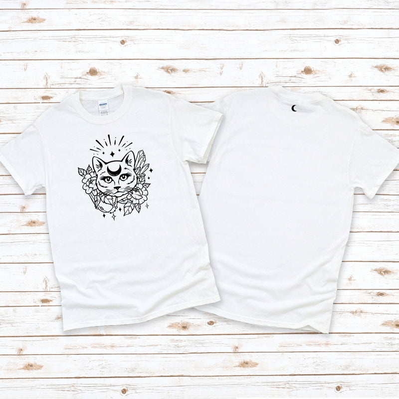 Celestial Cat and Moon T-Shirt in White