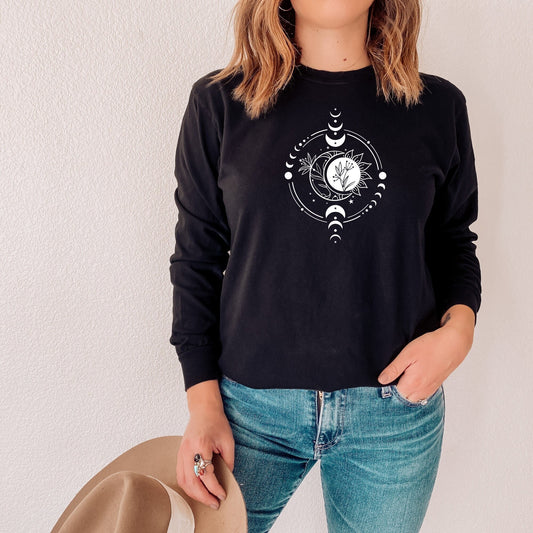 Celestial Sunflower and Moon Crewneck in Black